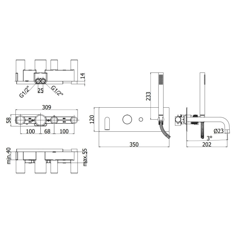 Single Lever Bathtub taps Built-in 2-way bath mixer with shower set and spout Paffoni Jo JO001CR