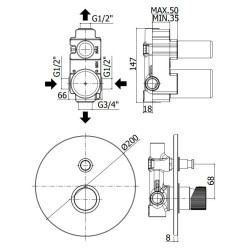 Built-in shower taps Built-in shower mixer with 2 outlets with round plate Ø200 mm Paffoni Jo  JO015CR