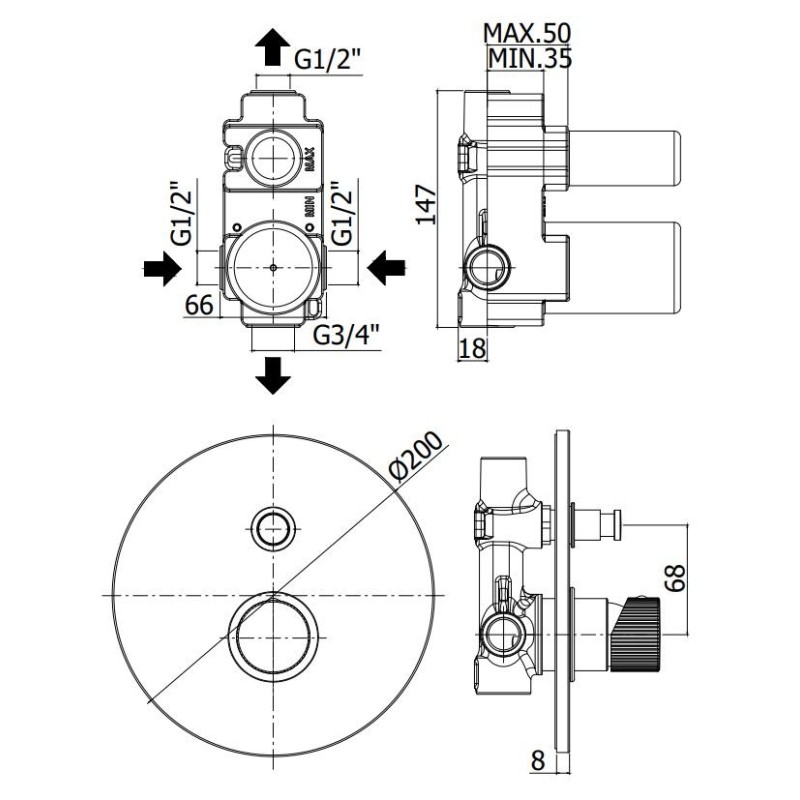 Rubinetti Doccia Incasso Miscelatore doccia incasso a 2 uscite con piastra tonda Ø200 mm Paffoni Jo JO015CR