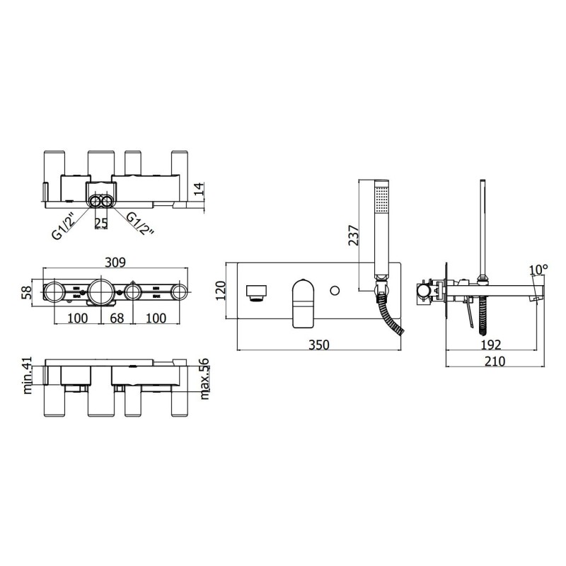 Robinets baignoires Monoleva Mitigeur bain-douche mural à encastrer avec douchette monojet Paffoni Tilt TI001CR