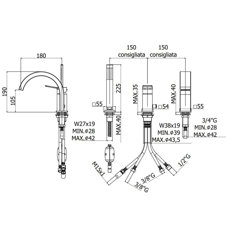 Batterie Bordo Vasca Miscelatore per bordo vasca a 3 fori con bocca a cascata Paffoni Tilt TI040CR