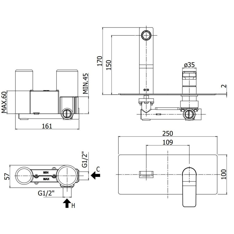 Grifo lavabo de pared Mezclador de lavabo de pared con placa de acero inoxidable, caño de 15 cm Paffoni TILT TI104CR