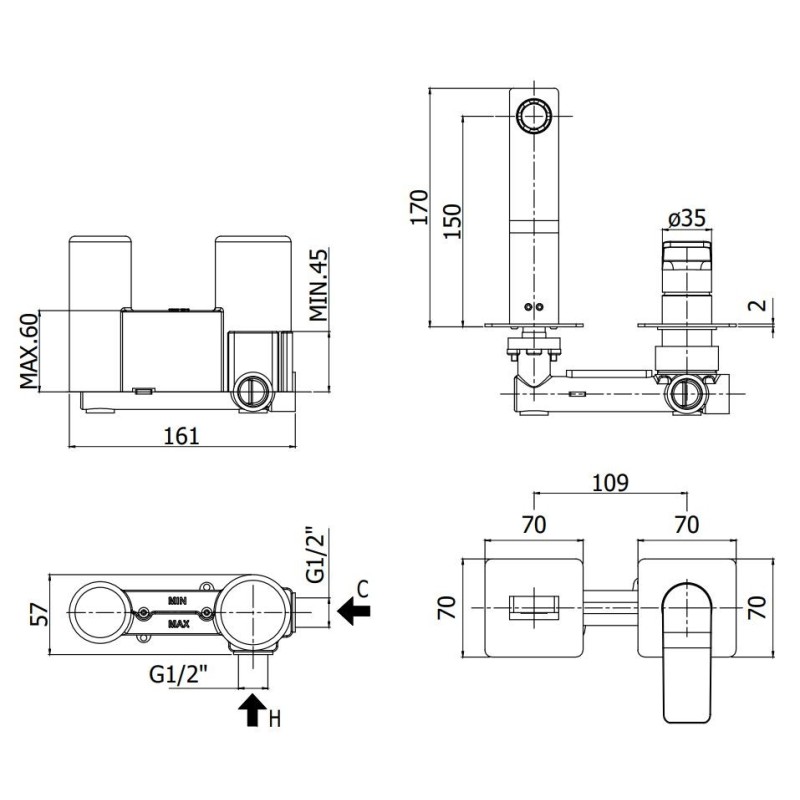 Grifo lavabo de pared Mezclador de lavabo de pared con 2 placas de salida 15 cm Paffoni TILT TI104CR70