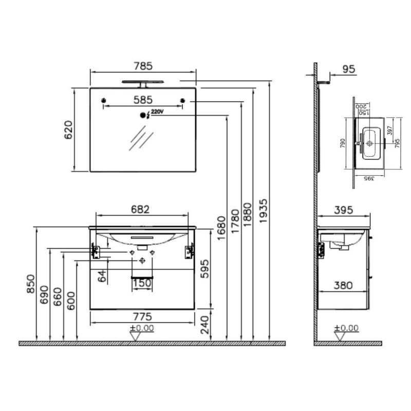 Hängeschränke Weiß lackierter Badezimmerschrank 80 cm MIASET80B