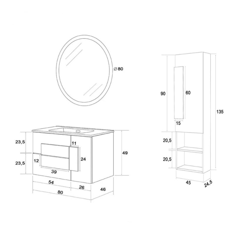 Suspended furnitures Bathroom composition suspended installation 80 cm Feridras Urban 804001