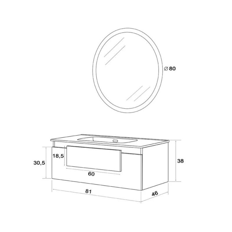 Mobili sospesi Composizione bagno 80 cm con singolo cassetto e pensile Feridras Urban 804003