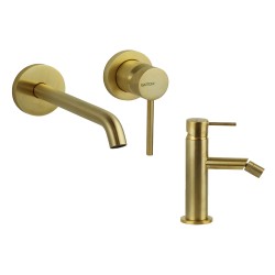 Juego de grifo de baño Conjunto mezclador de lavabo y bidé de pared en color oro cepillado Gattoni Easy KITEASYSG3