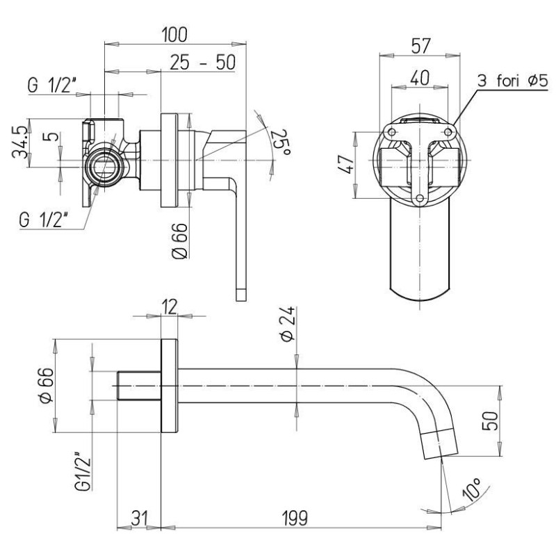 Grifo lavabo de pared Mezclador de lavabo de pared con caño 199 mm Paini Ovo 86CR208