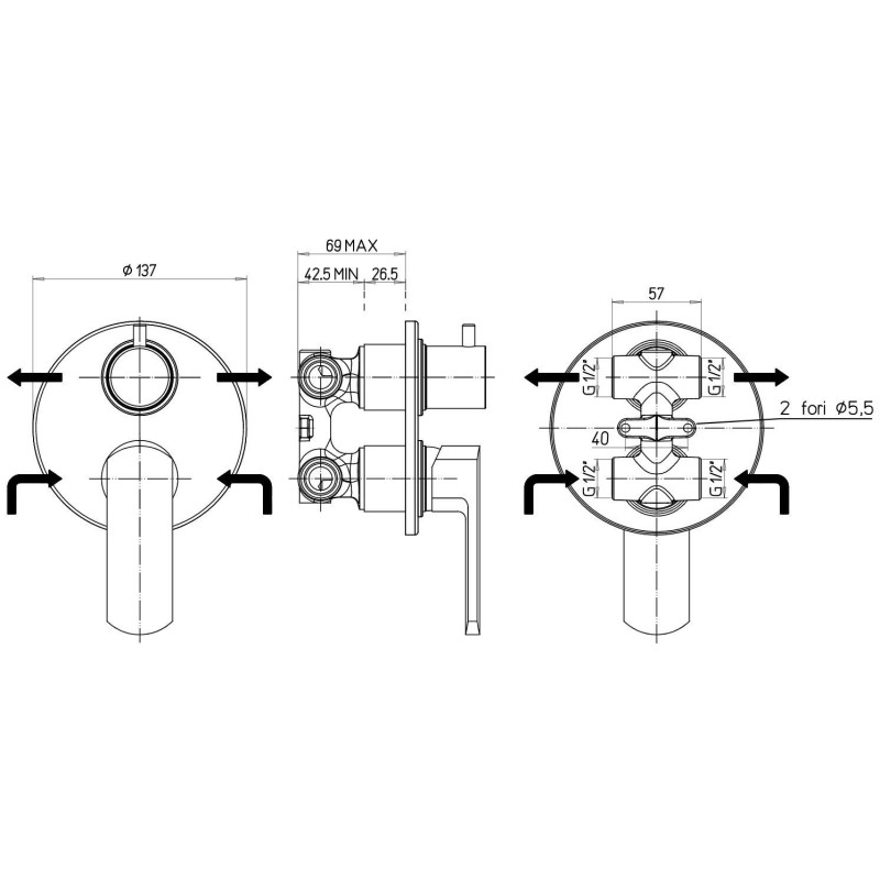 Built-in shower taps Built-in shower mixer with rotary diverter Paini Ovo 86CR6911