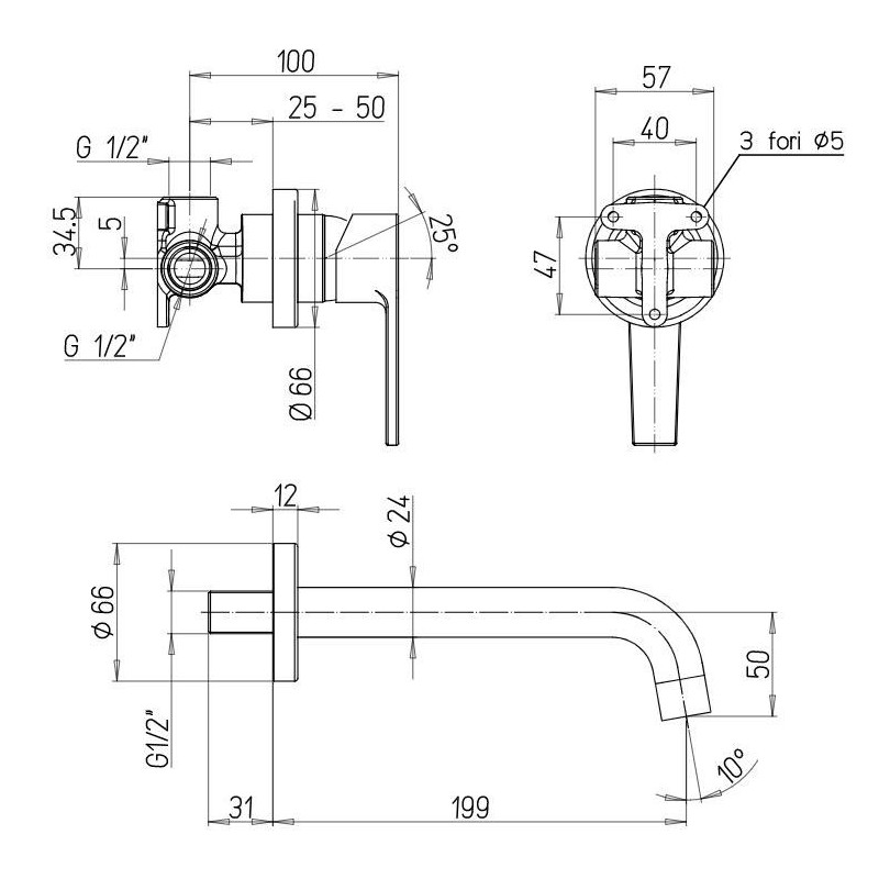 Grifo lavabo de pared Mezclador de lavabo de pared con caño 199 mm de largo Paini Le Mans 90CR208