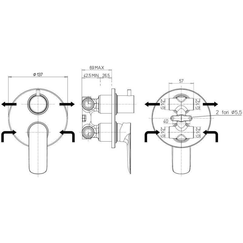 Built-in shower taps Built-in shower mixer with diverter Paini Nove 09CR6911