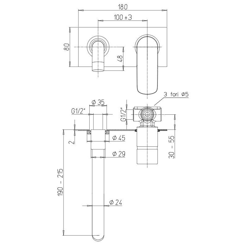 Rubinetti lavabo a parete Miscelatore lavabo a muro con piastra 180x80 mm Paini Nove 09CR208P