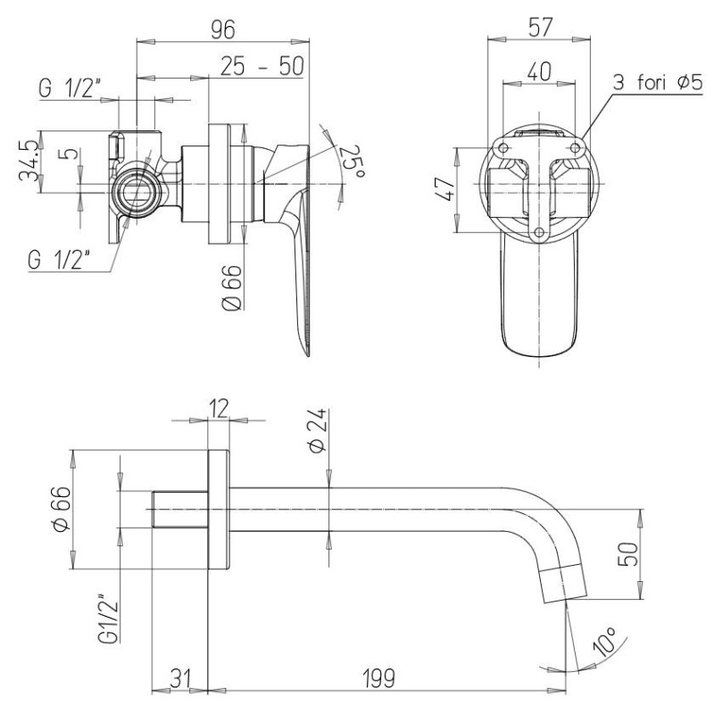 Grifo lavabo de pared Mezclador de lavabo de pared con caño largo 199 mm Paini Nove 09CR208