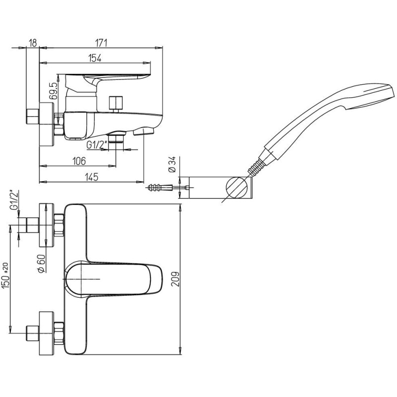 Single Lever Bathtub taps External bath mixer with adjustable shower kit Paini Nove 09CR105