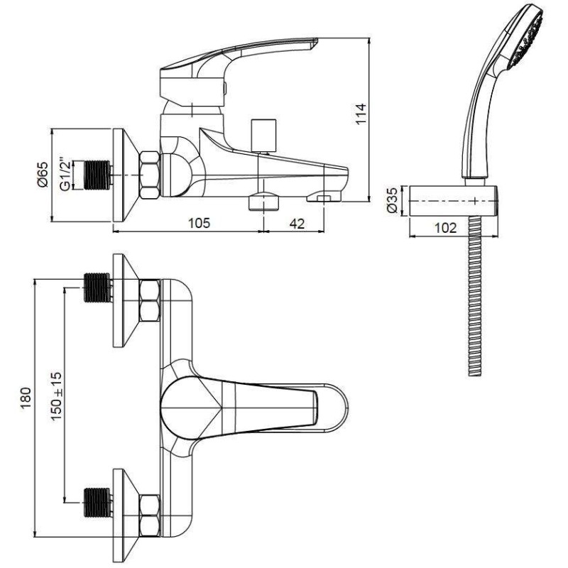 Single Lever Bathtub taps External bath mixer with adjustable wall shower support Paini Atomix 3.0 D1CR105