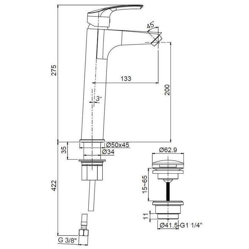 Armaturen für freistehende Waschschüsseln 275 mm hoher Waschtischmischer mit Clic-Clac 1"1/4 Uberlaufgarnitur Paini Atomix 3.0 D