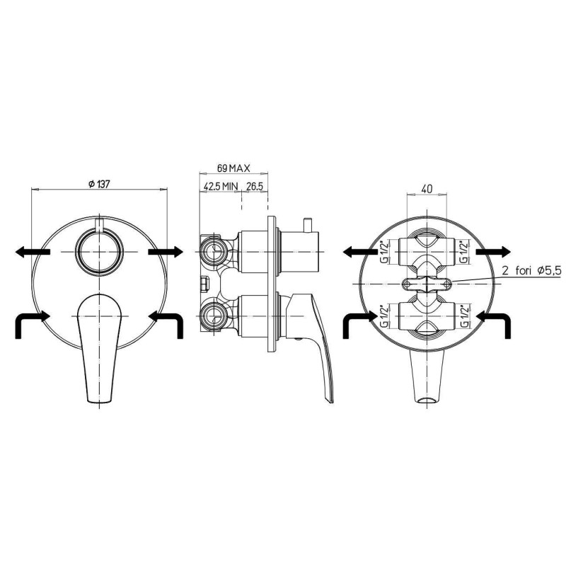 Built-in shower taps Built-in shower mixer with 2-way rotary diverter Paini Atomix 3.0 D1CR6911