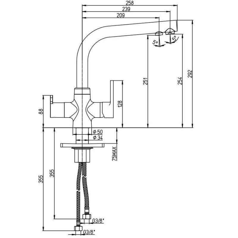 Robinets pour la cuisine à trois voies Mélangeur d'évier de cuisine avec bec 3 tuyaux d'eau Paini Kitchen 92CR6433VE8B90DA