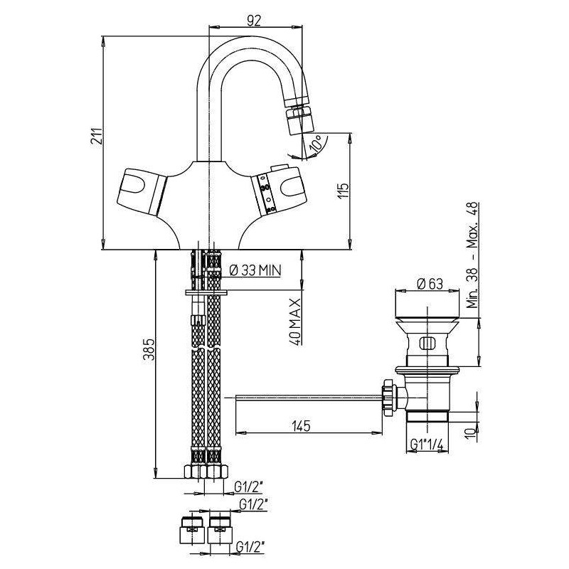 Einhebel-Bidetarmaturen Thermostatischer Bidetmischer mit Uberlaufgarnitur 1"1/4 Paini 2T 2TCR251TH