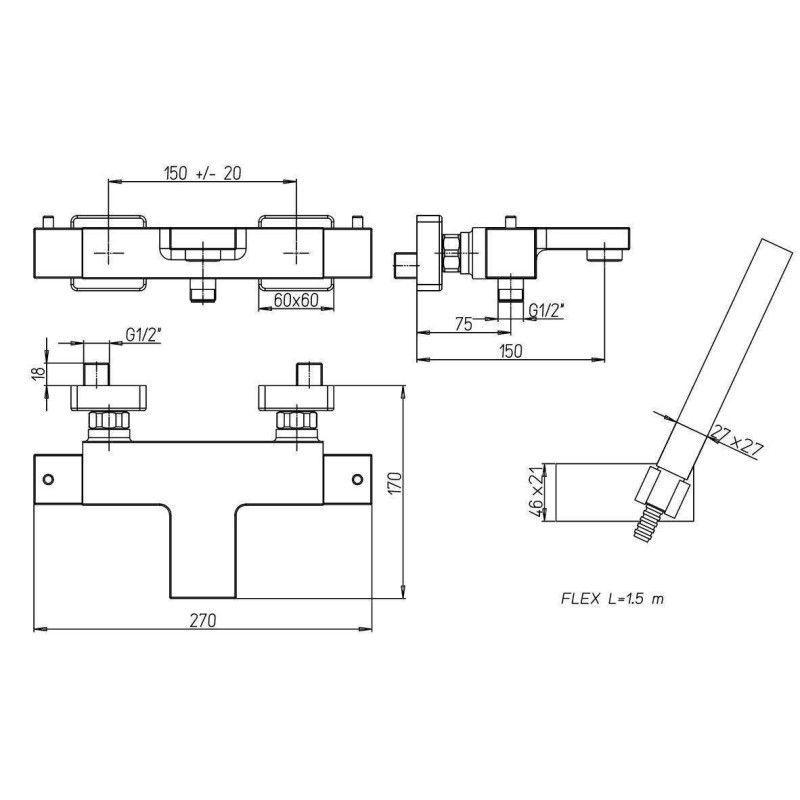 Thermostatic bath mixer Matt black external thermostatic bath mixer Paini Venti V2YO105TCTH