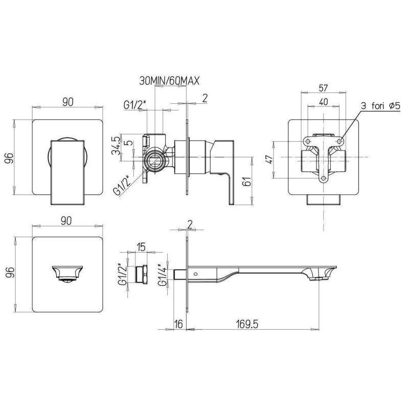 Robinets de lavabo suspendu Mélangeur de lavabo mural en noir mat avec une bouche de 170 mm de long Paini Venti V2YO208TC