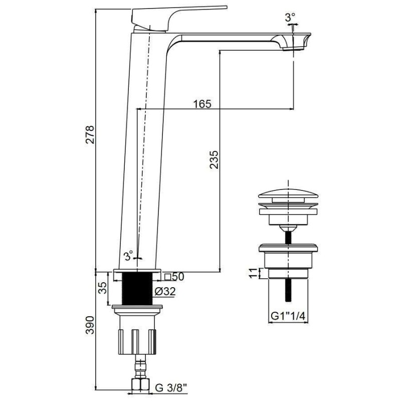 Armaturen für freistehende Waschschüsseln Waschtischmischer 278 mm hoch matt schwarz Paini Venti V2YO211TCLLSR