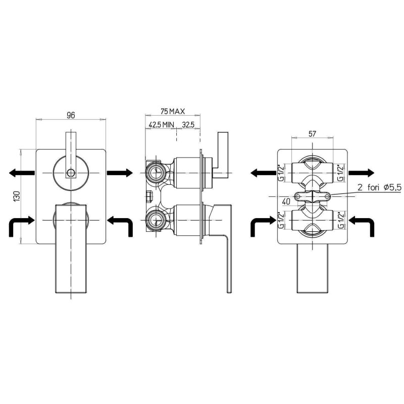 Unterputz Duscharmaturen UP-Brausebatterie mit 2-Wege-Umsteller in mattschwarz Paini Venti V2YO691TC1