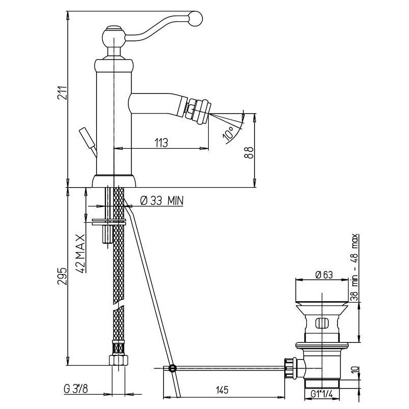 Einhebel-Bidetarmaturen Bidetmischer bronzefarben mit Uberlaufgarnitur 1"1/4 Paini Duomo 88F3306