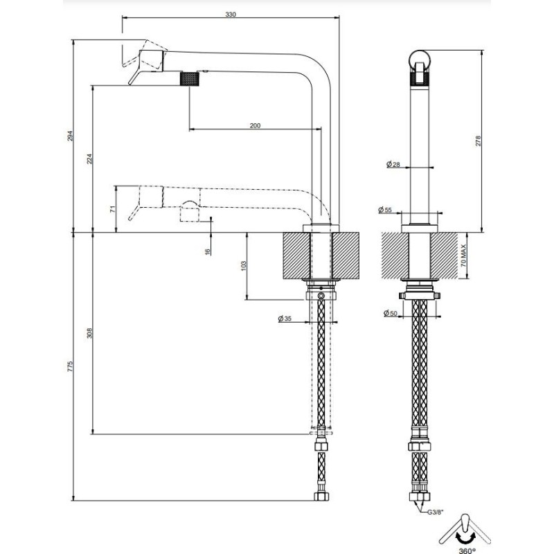 Küchenarmaturen für die Vorfenstermontage Küchenmischer unter dem Fenster in gebürstetem Schwarz Gessi Su&Giù 60071-707