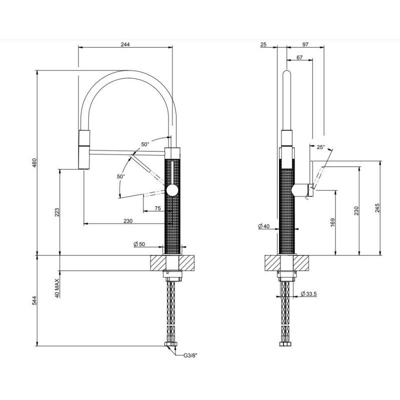 Grifo cocina con ducha extraíble Mezclador de cocina bajo ventana Gessi Su & Giù acabado Black Metal Brushed 60071 707