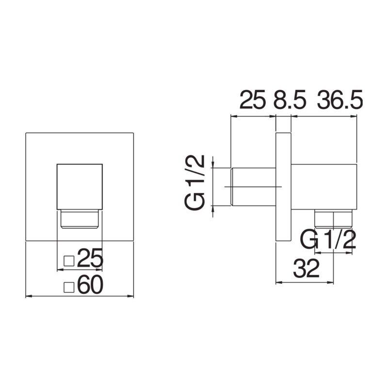 Verschraubung und Wasserstecker Wassereinlass aus Messing mit mattschwarzer Oberfläche, quadratisches Modell Nobili AD150/3BM