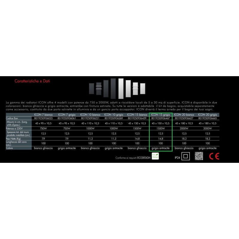 Elektrische Heizkörper Vertikaler elektrischer Heizkörper 150 x 45 cm Anthrazit Radialight ICON ICO15111