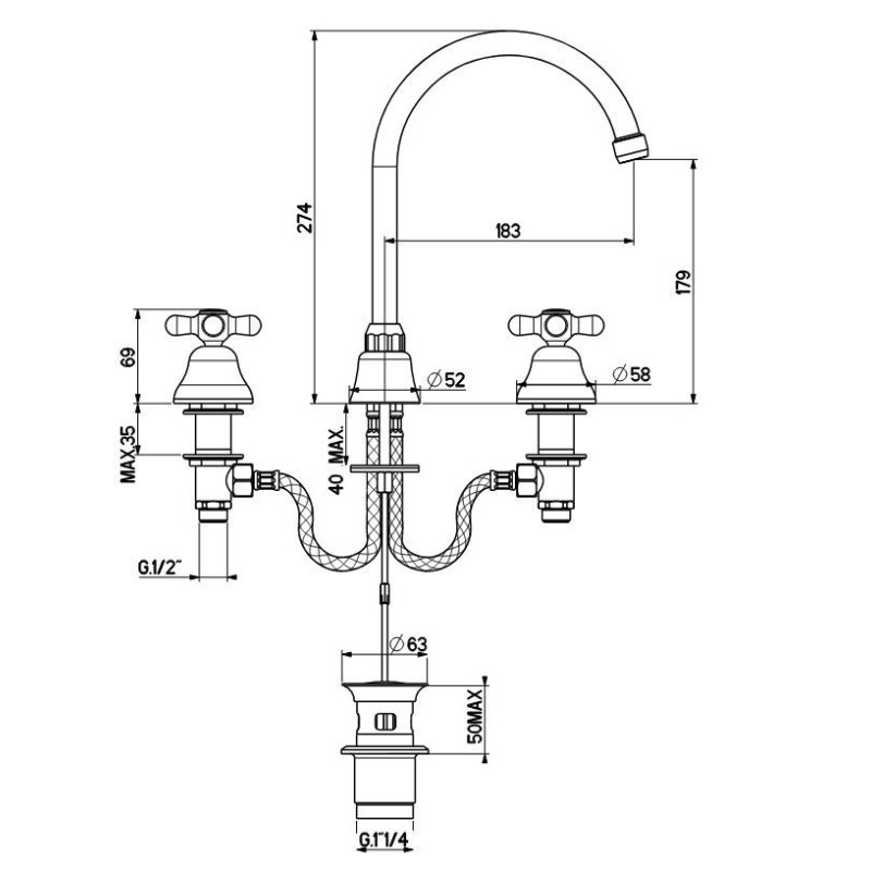 Robinet de salle de bain Ensemble de salle de bain complet avec robinet de baignoire à trois trous de couleur bronze Gattoni Cal