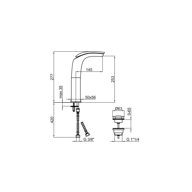 Wall-mounted sink taps High waterfall basin mixer with clic-clac waste in matt black finish Webert Vento D830709560