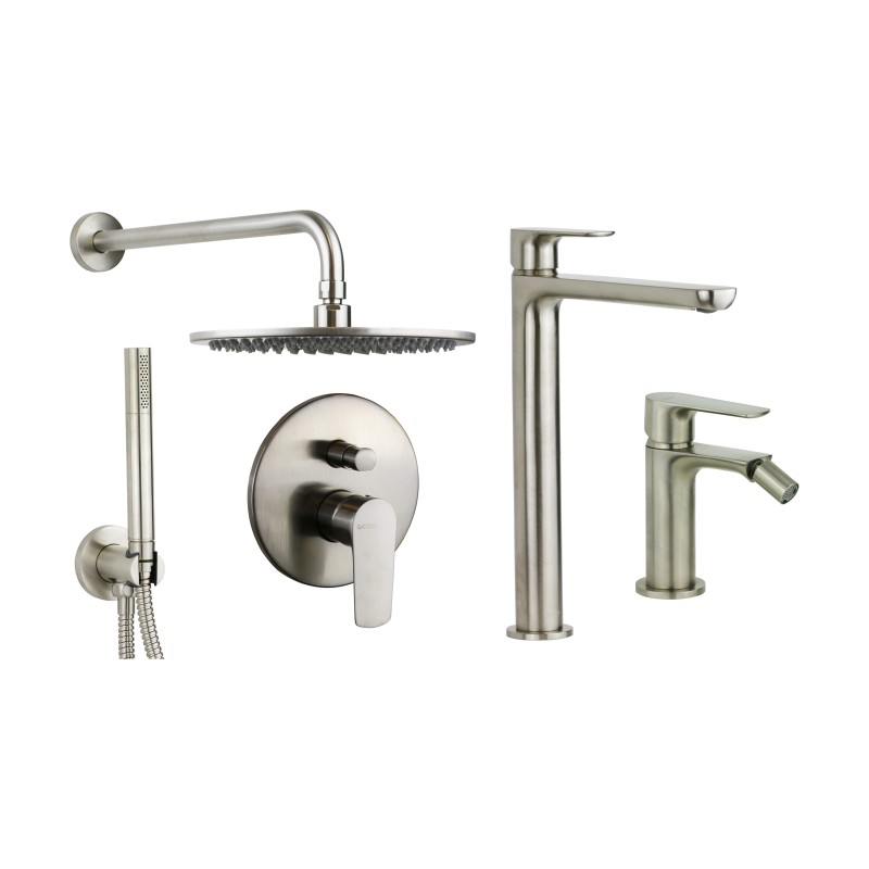 Bathroom Faucet Set High basin mixer set, bidet and shower kit in brushed steel finish Gattoni Avio KITAVIO5NS