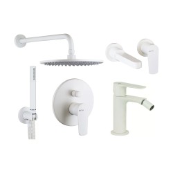 Robinet de salle de bain Ensemble mitigeur lavabo mural, bidet et kit de douche en finition blanc mat Gattoni Avio KITAVIO6BO