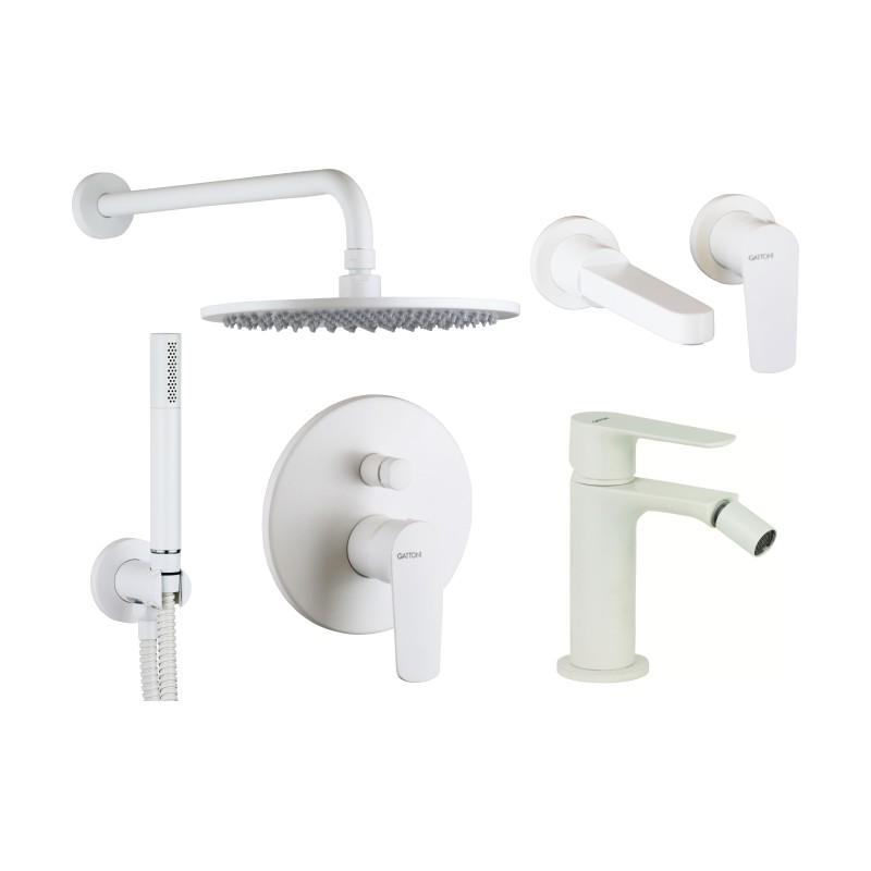 Robinet de salle de bain Ensemble mitigeur lavabo mural, bidet et kit de douche en finition blanc mat Gattoni Avio KITAVIO6BO