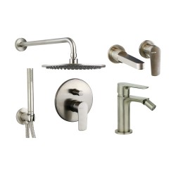 Bathroom Faucet Set Wall mounted washbasin mixer set, bidet and shower kit in brushed steel finish Gattoni Avio KITAVIO6NS