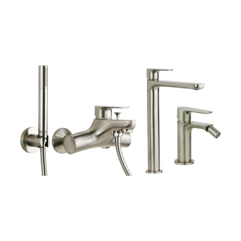 Bathroom Faucet Set High basin mixer set, bidet and bathtub in brushed steel finish Gattoni Avio KITAVIO8NS