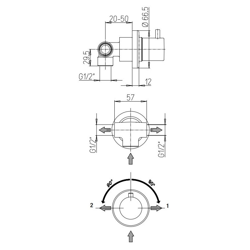 Built-in shower taps Built-in rotary diverter 2 outlets Paini Shower Power 78CR425