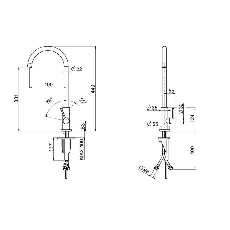 Grifos de cocina tradicionales Mezclador de fregadero de cocina en acero inoxidable AISI 316L caño curvo Quadro srl 600AS