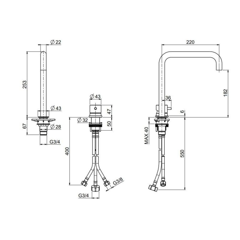 Grifos de cocina tradicionales Mezclador de fregadero de cocina de dos orificios en acero inoxidable 316L Quadro srl 409AS