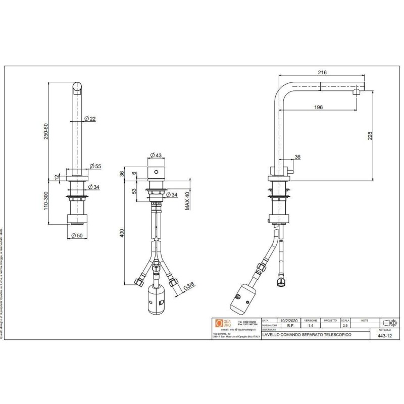 Robinets sous la fenêtre Mitigeur d'évier de cuisine en avec bec rabattable en acier inoxydable noir PVD Quadro srl 443.12ON