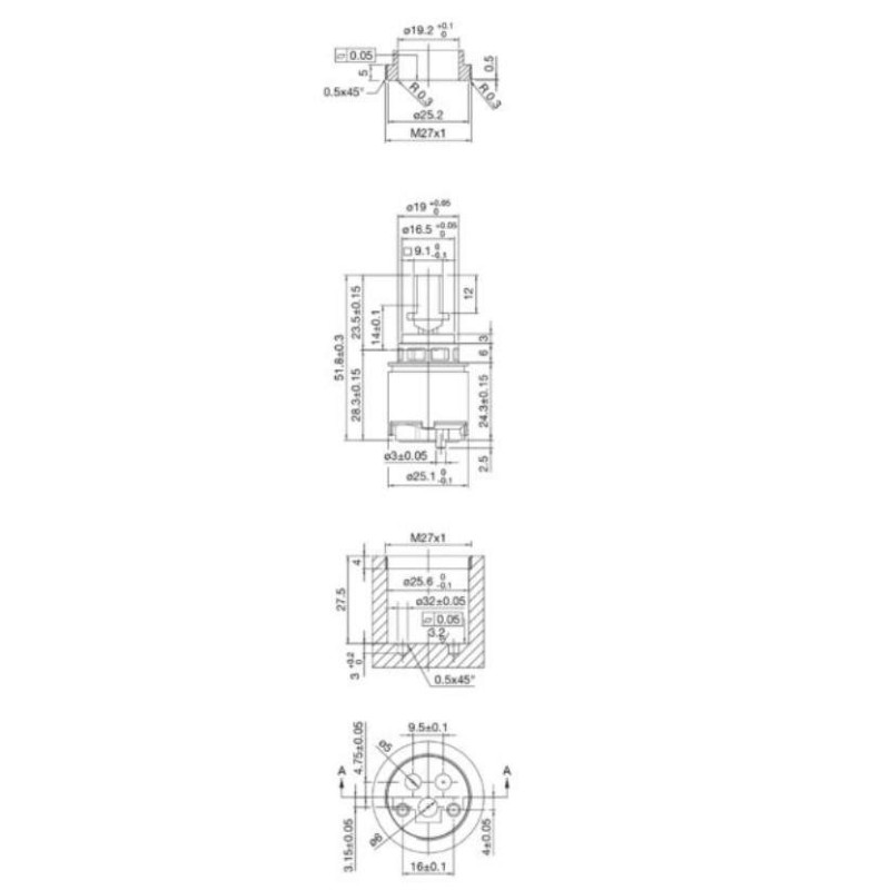 Cartridges for mixers Ø 25 ceramic disc cartridge for single lever taps, "open" version Hydroplast S25