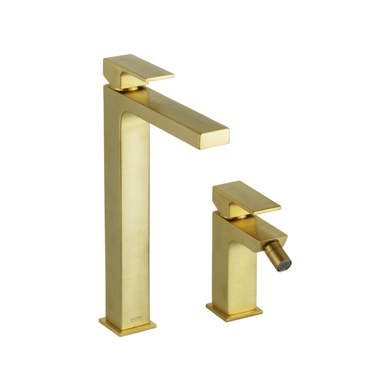 Bathroom Faucet Set High washbasin and bidet mixer set in brushed gold color Gattoni SQUARE KITSQUARESG2