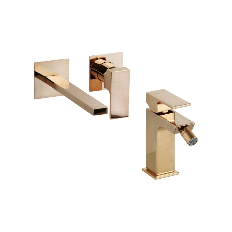 Juego de grifo de baño Conjunto mezclador de lavabo y bidé de pared en color oro rosa Gattoni SQUARE KITSQUARERS3