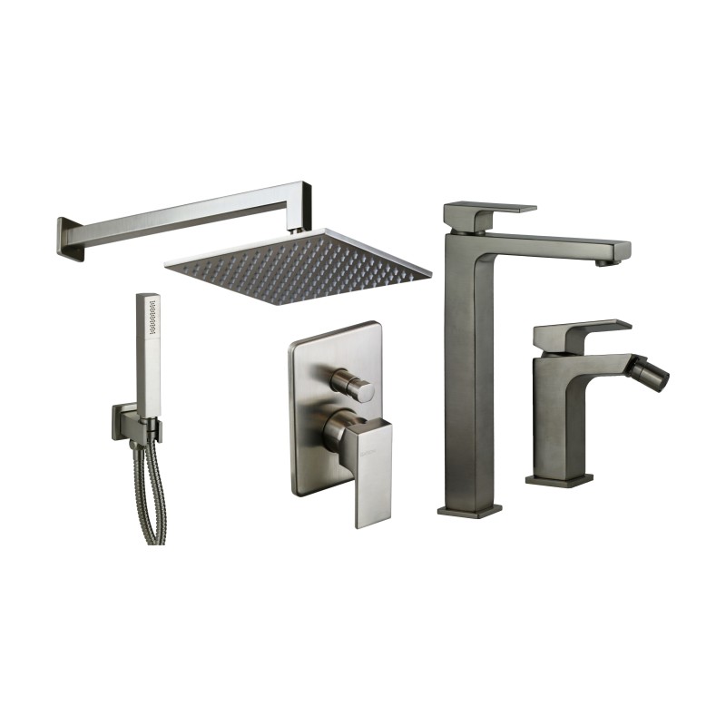 Badarmaturen Set High Basin Mixer Set, Bidet und Duschset in gebürstetem Nickel Gattoni SQUARE KITSQUARENS5