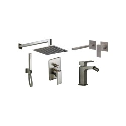 Robinet de salle de bain Ensemble mitigeur lavabo mural, bidet et kit douche couleur nickel brossé Gattoni SQUARE KITSQUARENS6