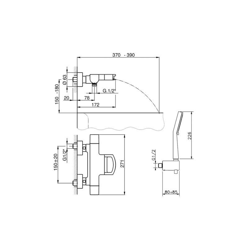 Drop-down tub taps Complete thermostatic bath mixer with waterfall Huber Dado Cascade DCD2302021