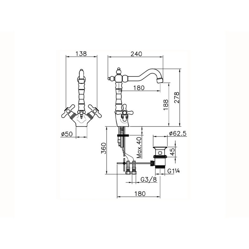 Grifos lavabo bimando Mezclador de lavabo de diseño vintage Huber Croisette CS00052021